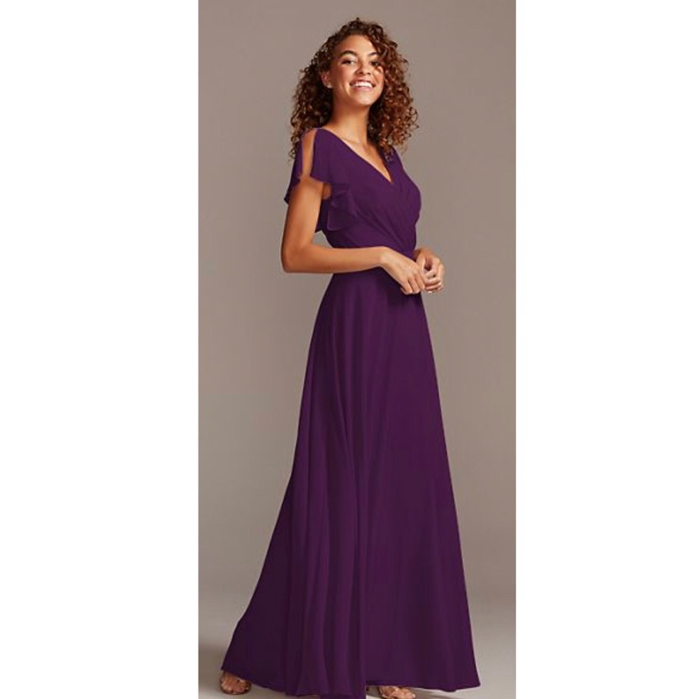 David’s Bridal PLUM Full Skirt Flutter Sleeve Bridesmaid Dress